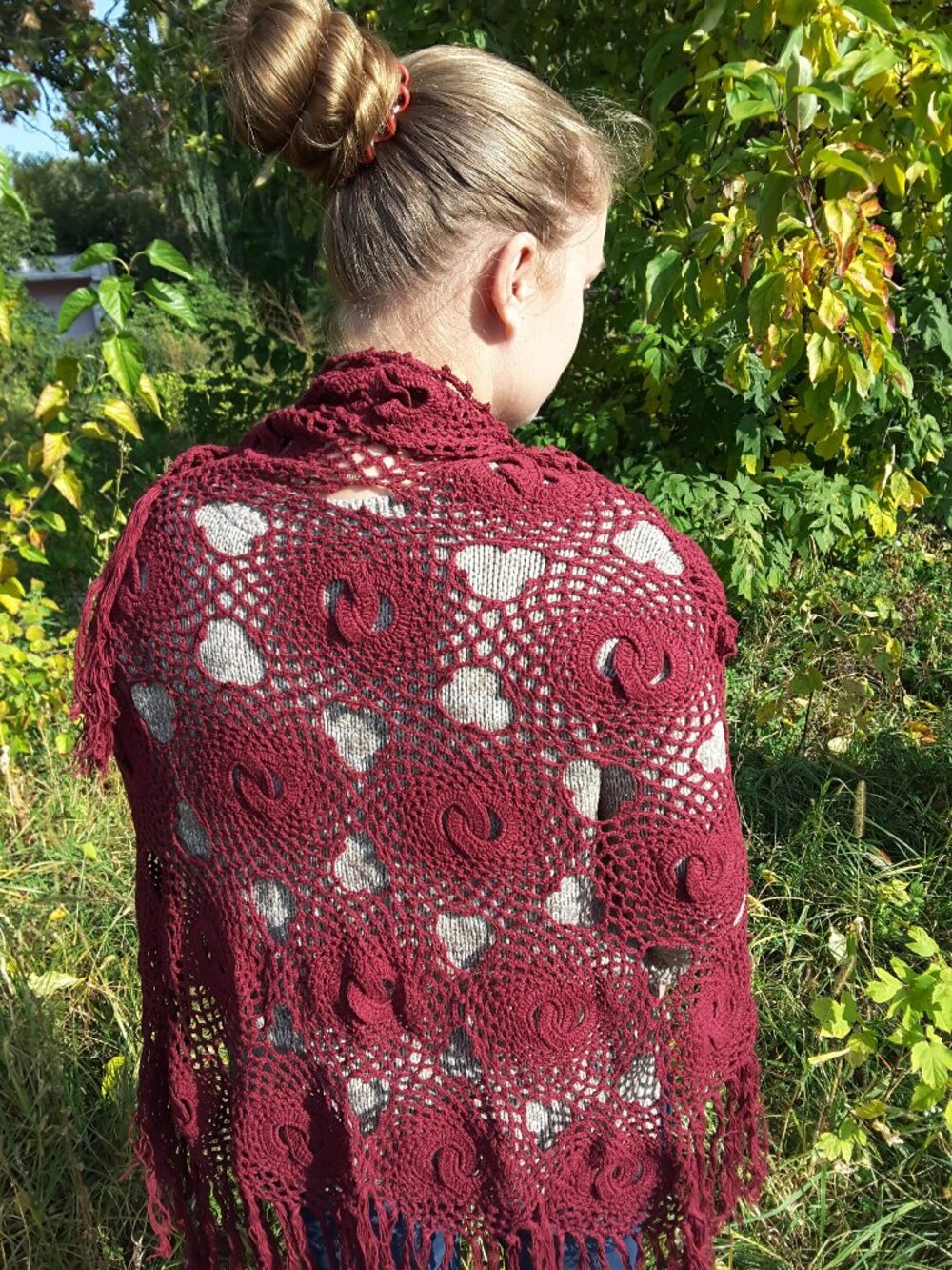 Handmade Burgundy Interlocking Rings Crochet Shawl Cotton Linen Wrap
